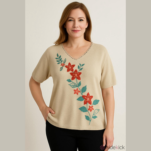 Alfred Dunner Tan Floral Beaded Sweater